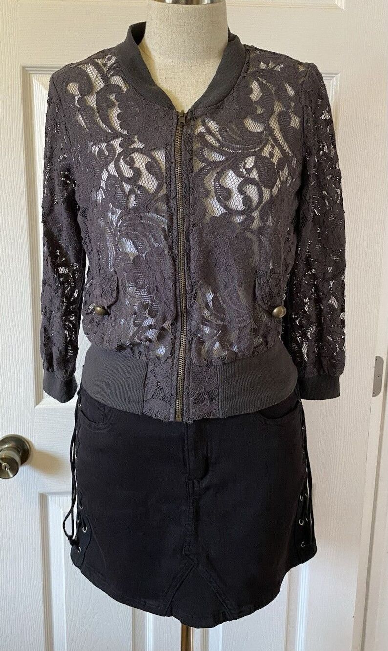 Eyelash Couture Gray Floral Sheer Lace Zip-Up Bomber Jacket Medium Whimsigoth